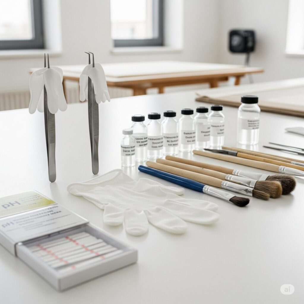 Art Conservation for Beginners: Your Complete Guide to Protecting Precious Artwork 8 Collection of art conservation supplies including white gloves, soft brushes, and pH testing strips