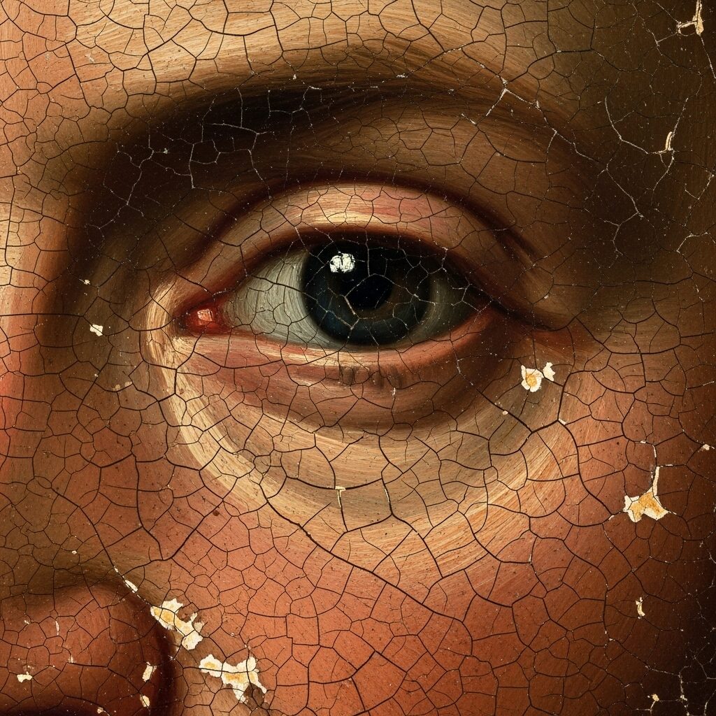 Art Conservation for Beginners: Your Complete Guide to Protecting Precious Artwork 5 An extreme close-up shot of an old oil painting's surface, clearly showing a network of fine cracks known as craquelure