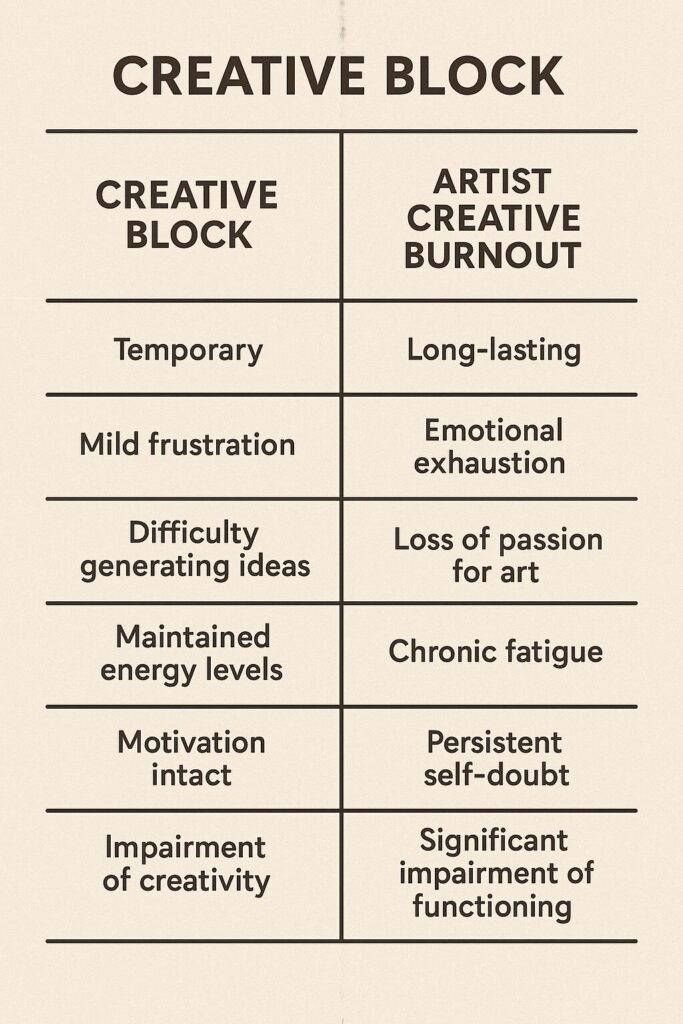 Overcoming the Void: Your Essential Guide to Artist Creative Burnout 5 infographic distinguishing the key differences between a temporary creative block and the more serious condition of artist creative burnout.