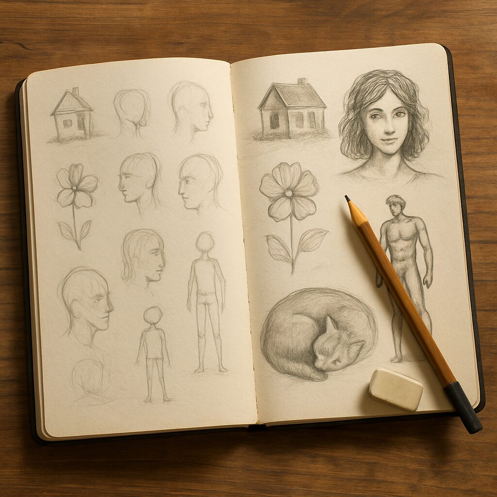 Unlock Your Inner Artist: A Guide to Daily Drawing Prompts 6 An open sketchbook showing a progression of daily drawings, from simple sketches to more detailed pieces, illustrating artistic growth over time