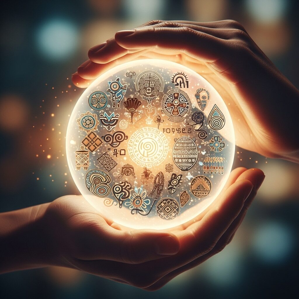  conceptual image of a hand protectively holding a glowing orb that contains symbols and patterns from various world cultures, representing data sovereignty and community ownership.