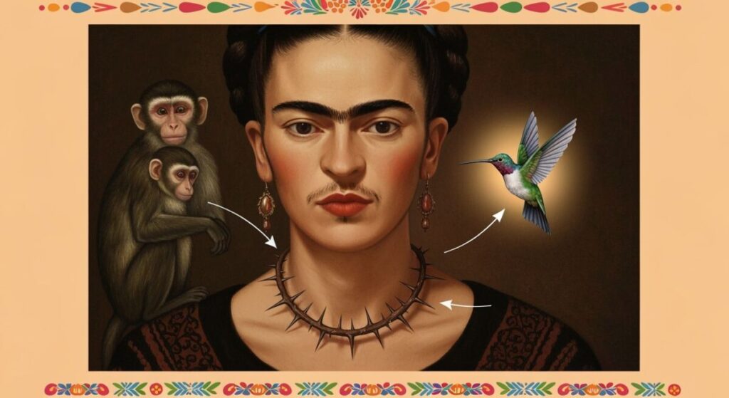 Decoding Frida Kahlo Symbols: 5 Visual Meanings You Can't Ignore in Her Art 3 Decoding Frida Kahlo symbols in self-portrait with monkey hummingbird thorns analysis