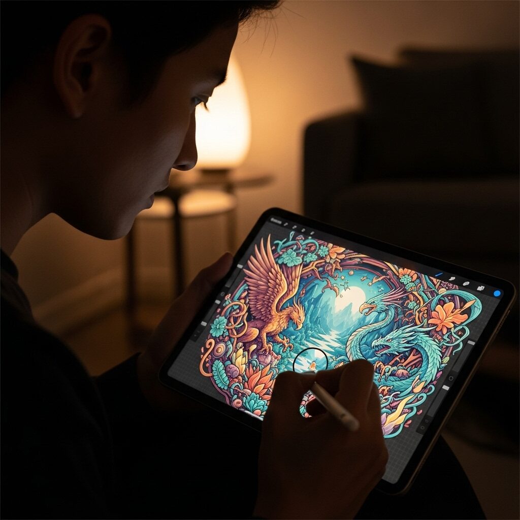 Neurodivergent Artistic Expression: Seeing the World Differently 6 An artist deeply focused on creating a detailed digital painting on a tablet, a great medium for neurodivergent artistic expression