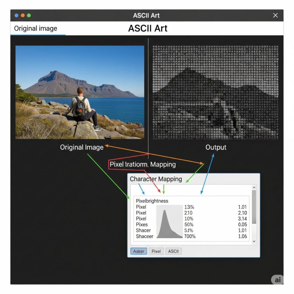 Computer screen showing ASCII art generator interface with original photo on left and converted text art on right
