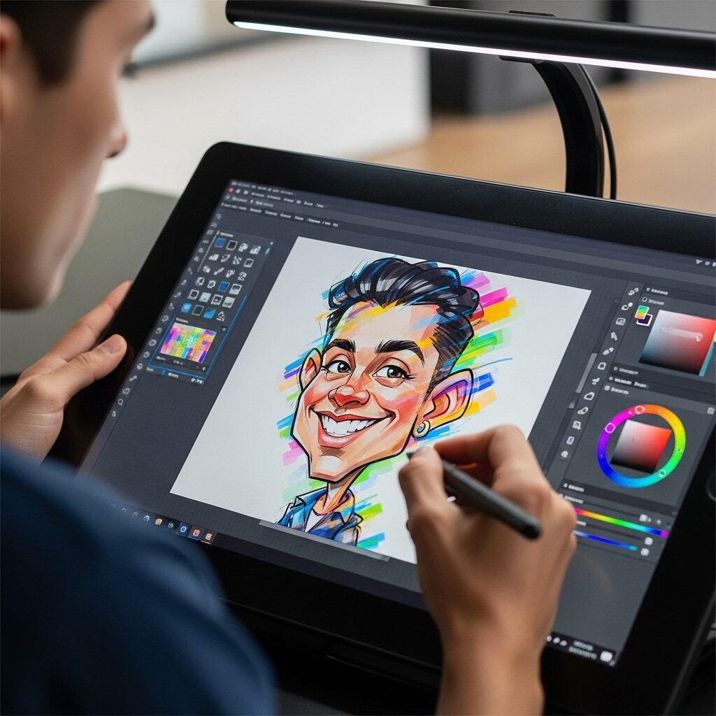 The Art of the Grin: A Beginner's Guide to the Wonderful World of Caricatures 6 An artist's hands using a stylus on a drawing tablet to create a colorful digital caricature.