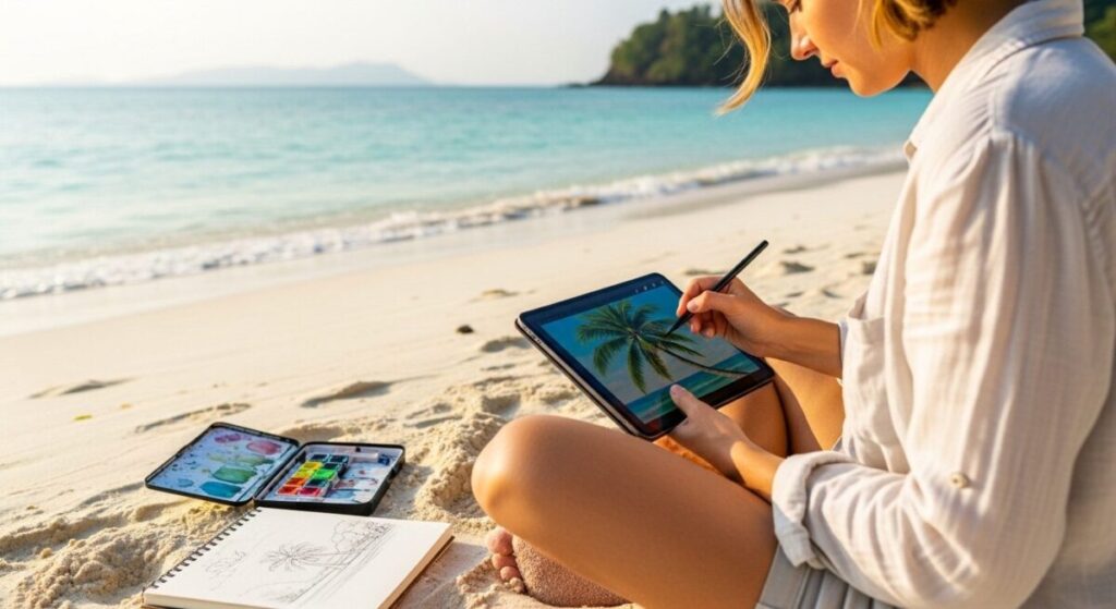 Digital Nomad Artists: Creating and Selling Art from Anywhere 3 Digital nomad artists: lifestyle drawing on a tablet on a tropical beach with watercolor supplies nearby, enjoying a mobile creative lifestyle