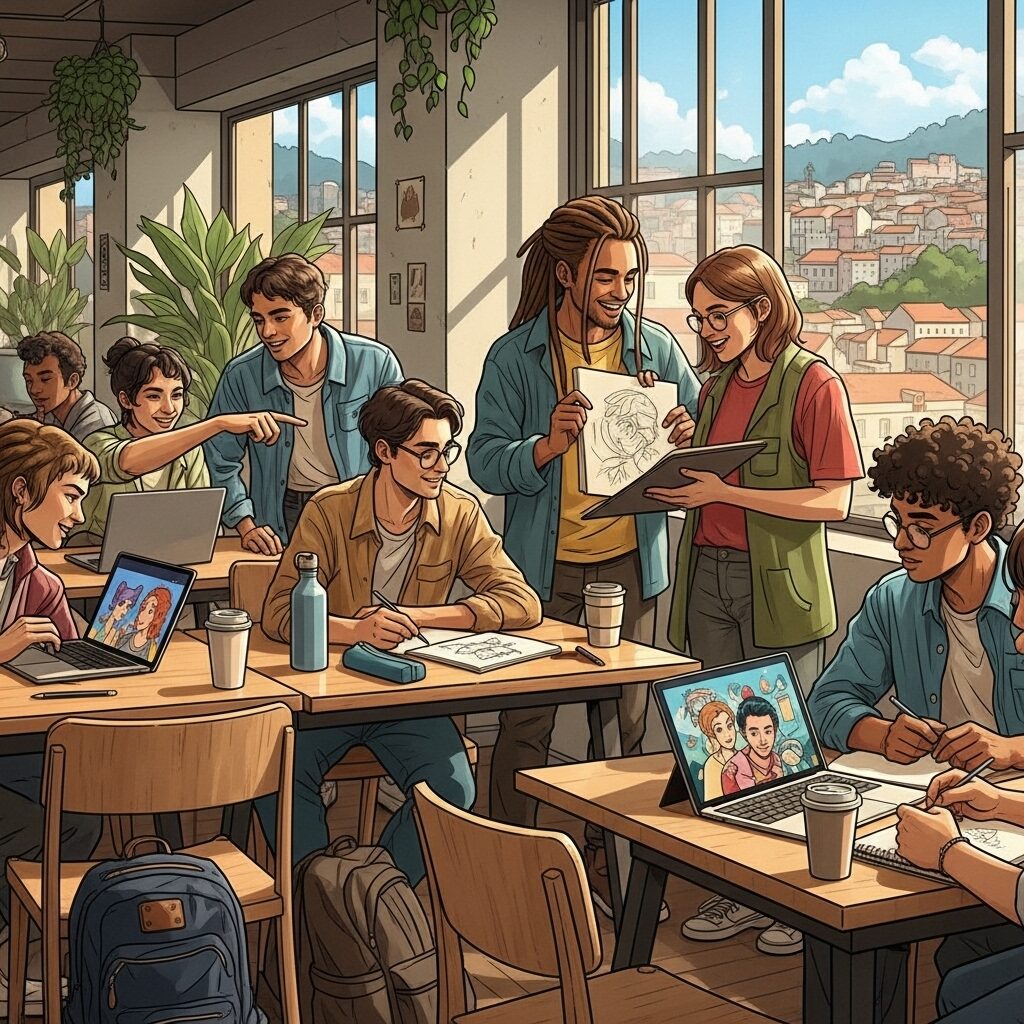 Digital Nomad Artists: Creating and Selling Art from Anywhere 5 Diverse group of digital nomad artists collaborating and sharing work in a brightly lit co-working space.