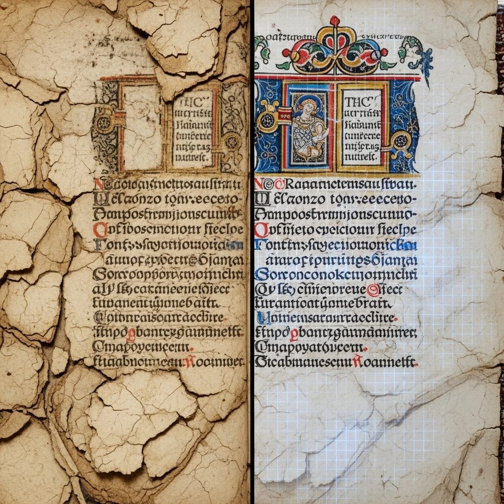 A split-screen image showing a faded, damaged ancient manuscript on one side and its digitally restored, clear, and readable version created by AI on the other.