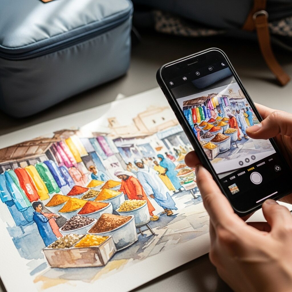 Digital Nomad Artists: Creating and Selling Art from Anywhere 6 Hands using a smartphone to photograph a detailed watercolor painting of a foreign market scene for online display.