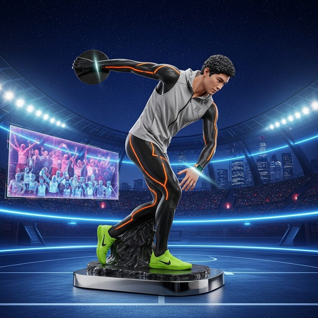 Reimagining Classic Sculptures: The Ultimate Guide to Redefining 3D Art in the Modern Age 5 Discobolus (Discus Thrower) reimagined as a modern athletic figure in carbon fiber with neon accents, set in an urban sports arena