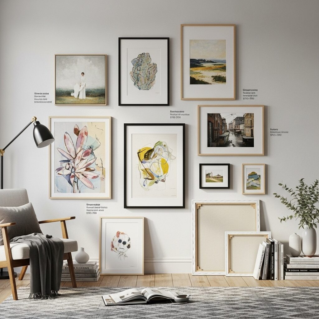 houghtfully arranged affordable art collection in a home setting, showing how budget gallery finds can create stunning displays