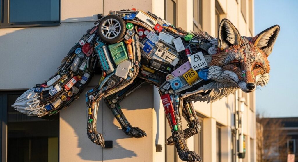 Climate Canvas: Inspiring Eco-Art Projects that Visualize a Greener Future 3 A large, colorful sculpture of a fox made from recycled materials by the artist Bordalo II, an example of eco-art projects.
