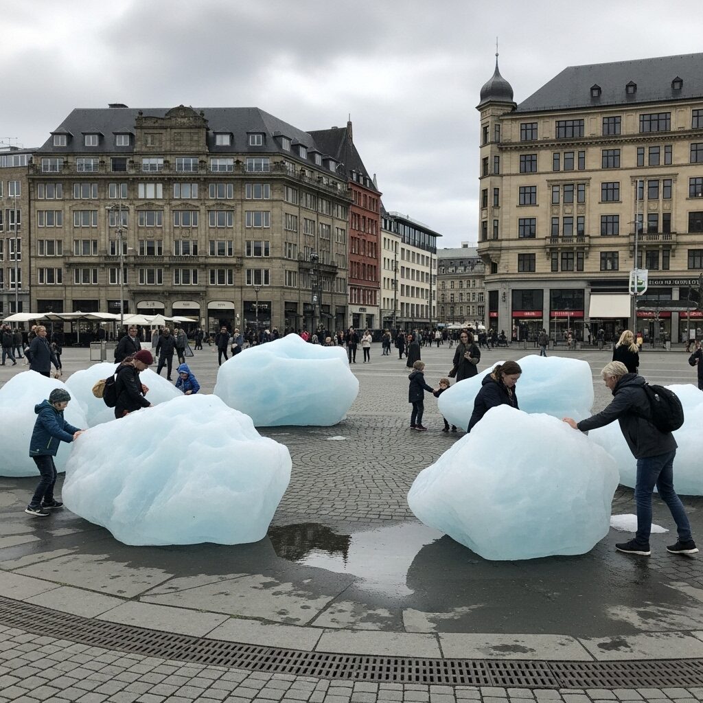 Climate Canvas: Inspiring Eco-Art Projects that Visualize a Greener Future 6 Massive blocks of glacial ice from Olafur Eliasson's "Ice Watch" eco-art project melting in a public square.