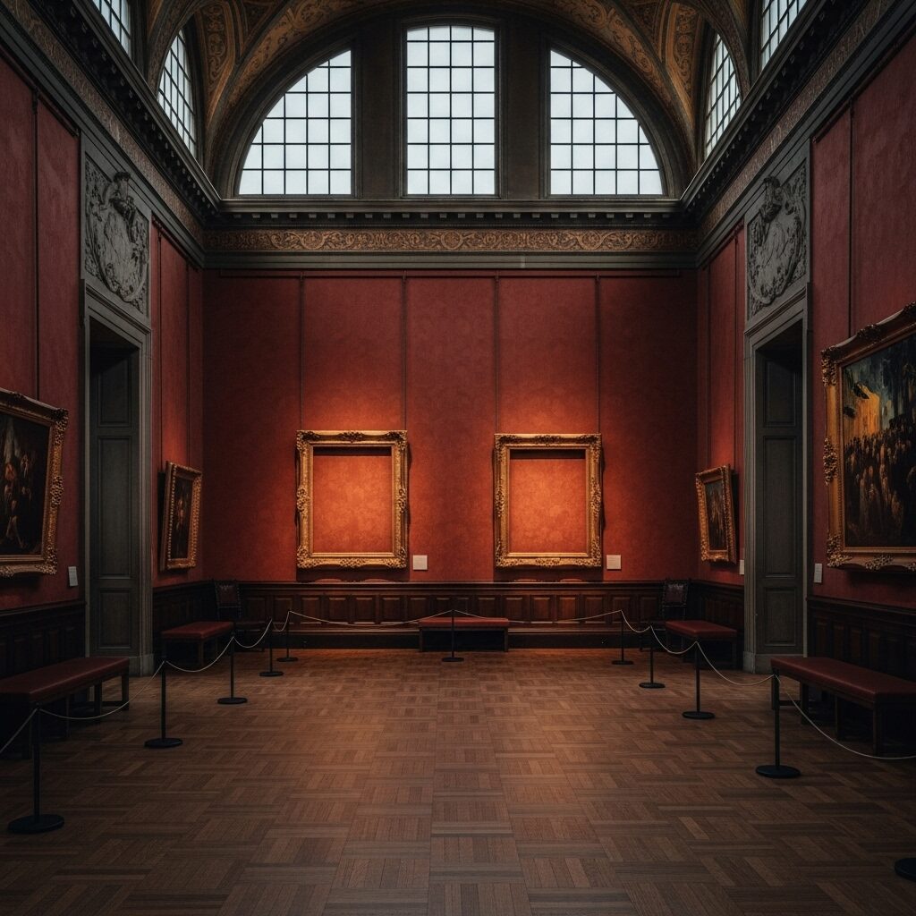 Echoes on the Wall: Famous Lost Paintings and the Stories Behind Their Disappearance 7 Two empty, ornate golden frames hanging on the wall of the Dutch Room in the Isabella Stewart Gardner Museum, marking where stolen paintings once hung.