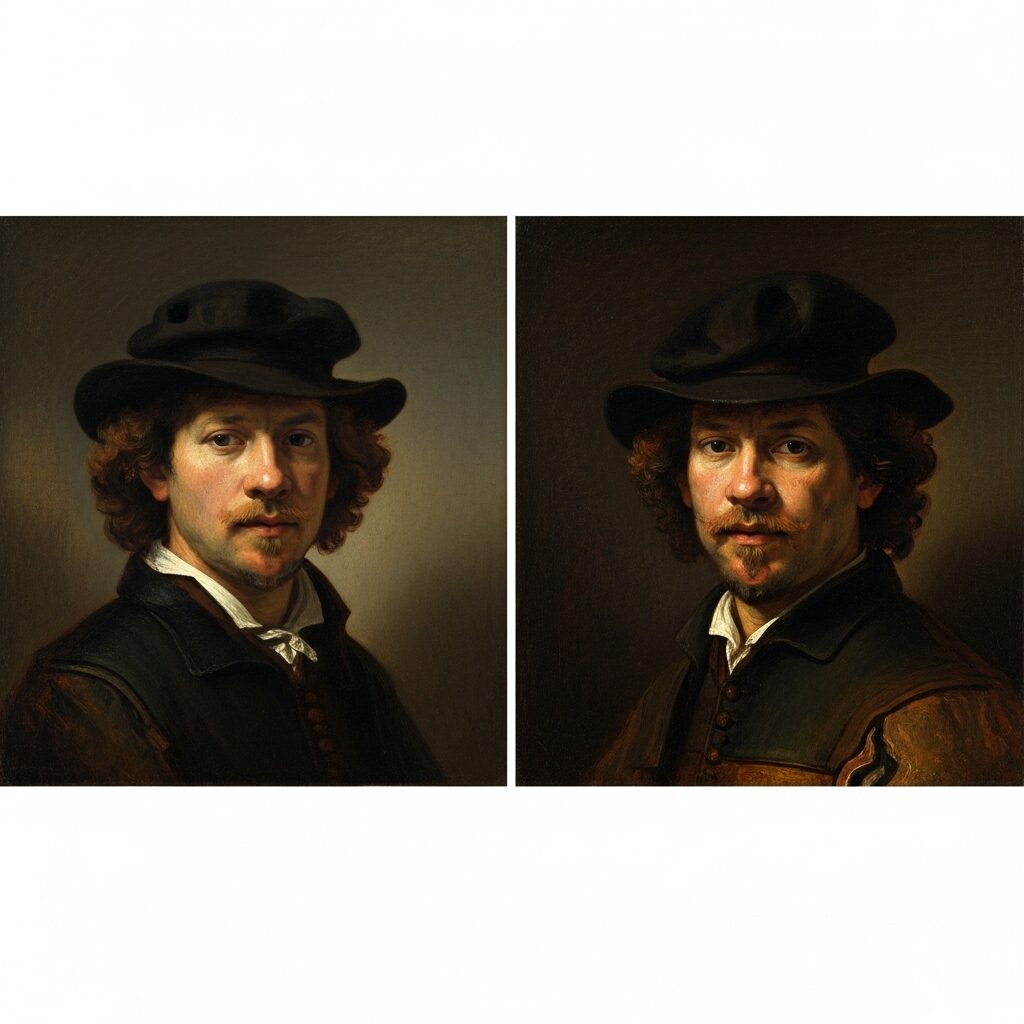 Comparison showing how Rembrandt adapted tenebrism principles in his self-portraits with dramatic lighting