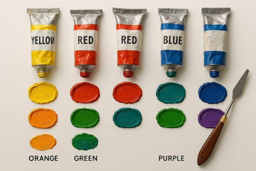Oil Painting for Beginners: Your Complete Guide to Getting Started 5 Essential oil paint tubes for beginners showing titanium white, cadmium yellow, cadmium red, ultramarine blue, burnt umber, and yellow ochre with color mixing examples
