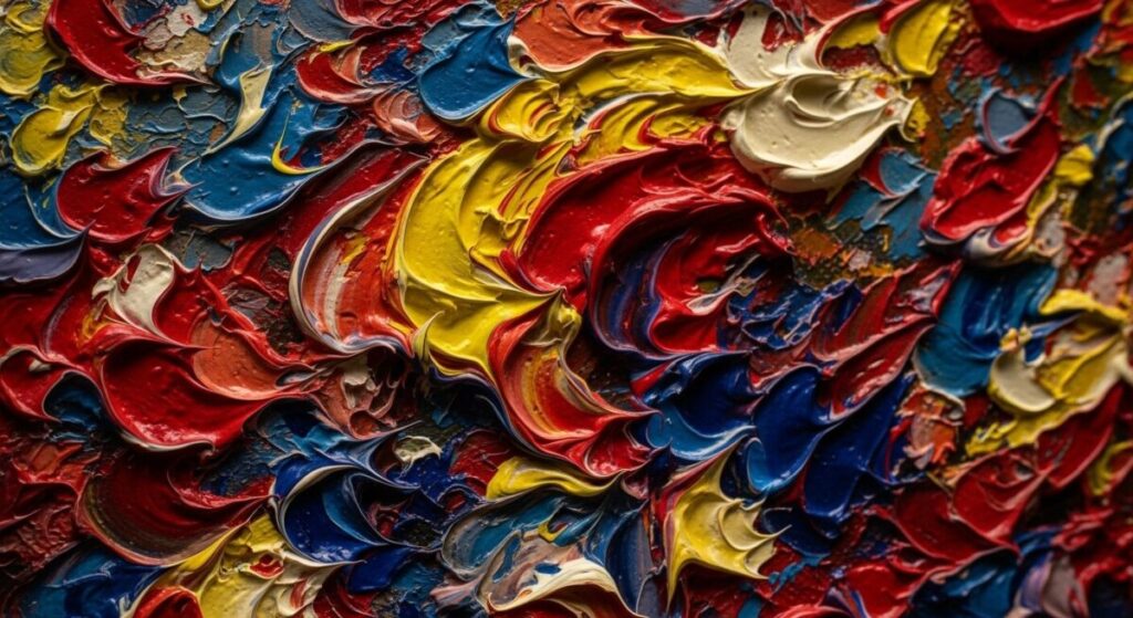 A vibrant, abstract painting with bold, swirling brushstrokes and a mix of warm and cool colors, conveying a strong sense of emotional energy.