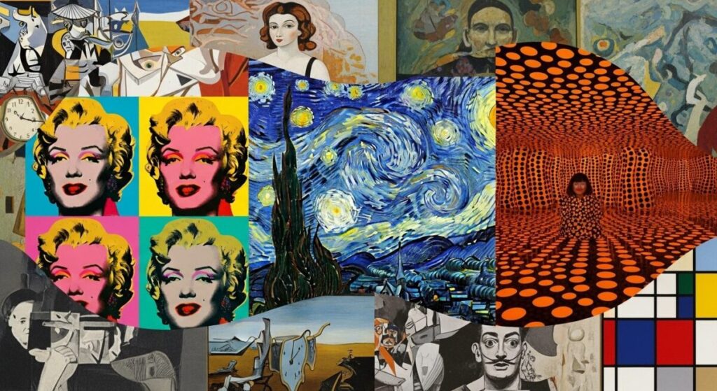 Neurodivergent Artistic Expression: Seeing the World Differently 5 Collage of art by Van Gogh, Andy Warhol, and Yayoi Kusama, representing famous artists believed to be neurodivergent.