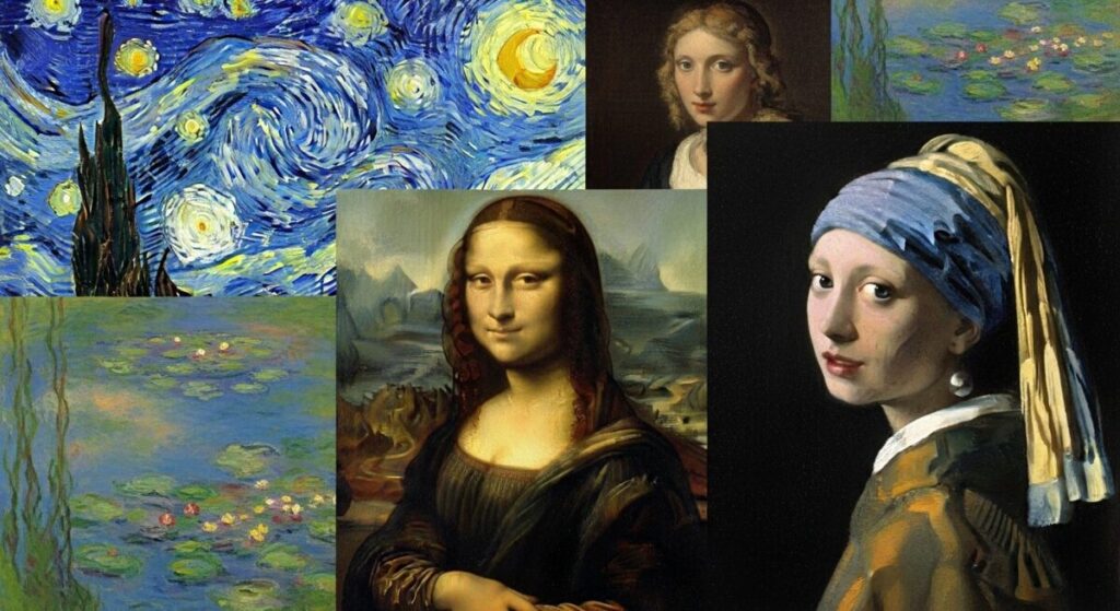 Oil Painting for Beginners: Your Complete Guide to Getting Started 3 Oil Painting for Beginners: Famous oil paintings montage showing different styles including Van Gogh's Starry Night, Monet's Water Lilies, and Leonardo da Vinci's Mona Lisa for beginner inspiration