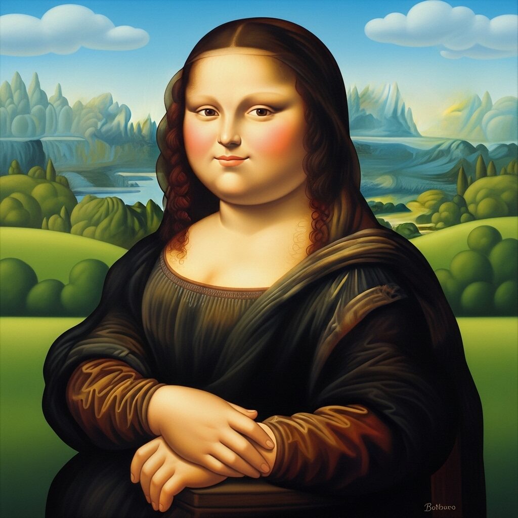 Does My Bum Look Big in This Painting? Why Artists Love Curvaceous Figures 5 Fernando Botero's charming painting, "Mona Lisa, Age Twelve," which reinterprets the famous Da Vinci masterpiece in his signature "Boterismo" style, featuring a full, rounded face and figure.