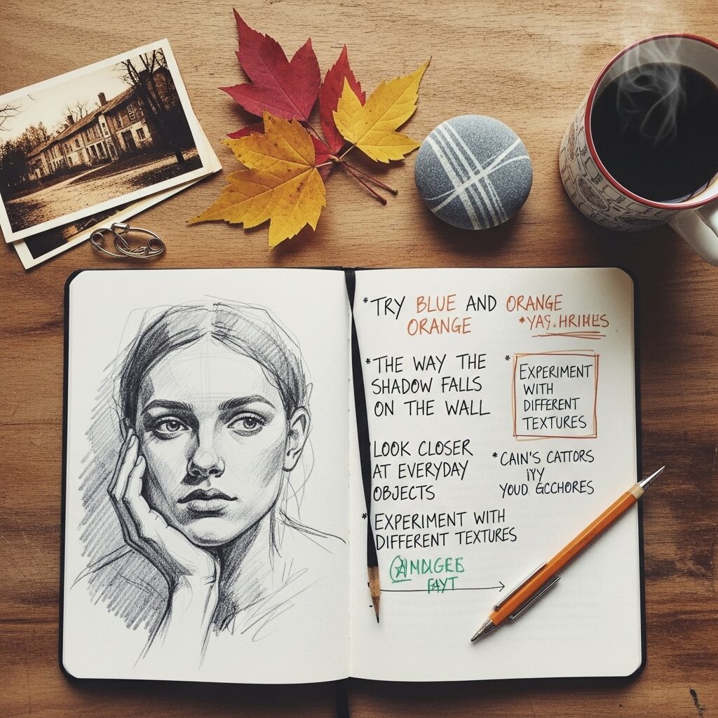 What is an Artist's Muse? The Secret Spark Behind the Masterpiece 7 A flat-lay image of an open artist's sketchbook filled with doodles, notes, and color swatches, next to a cup of coffee and a collection of natural objects like leaves and stones.