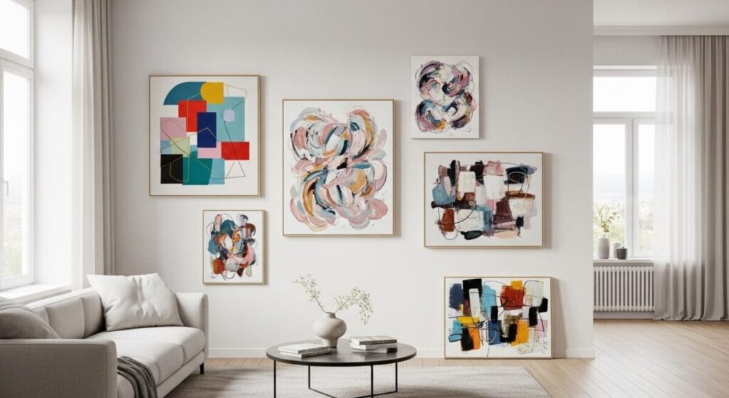 Collection of colorful finished abstract paintings by beginners displayed on white wall showing various techniques