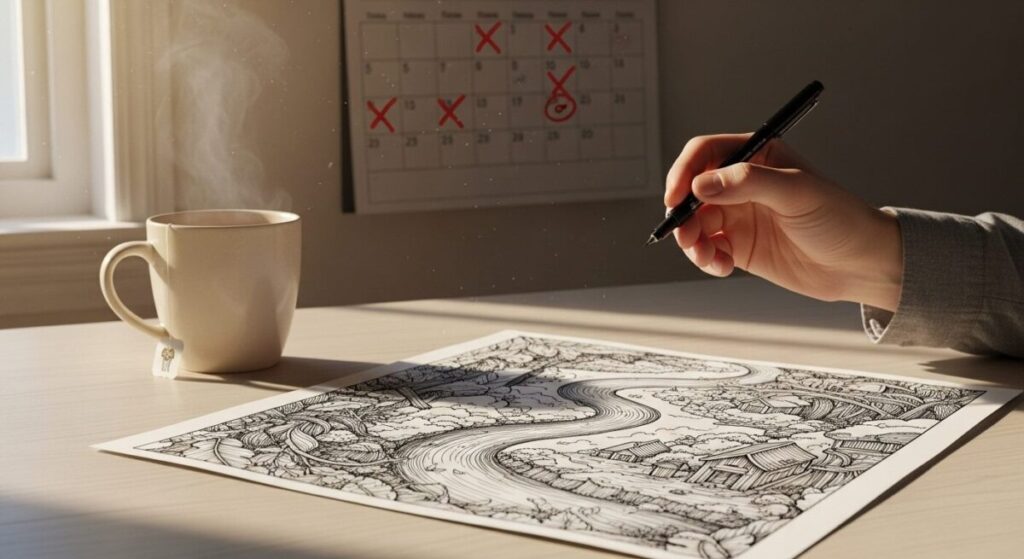 Unleash Your Creativity: A Step-by-Step Guide to Creating and Running Your Own Art Challenge 6 A finished piece of artwork from a daily art challenge displayed on an artist's desk with a cup of tea and a calendar.