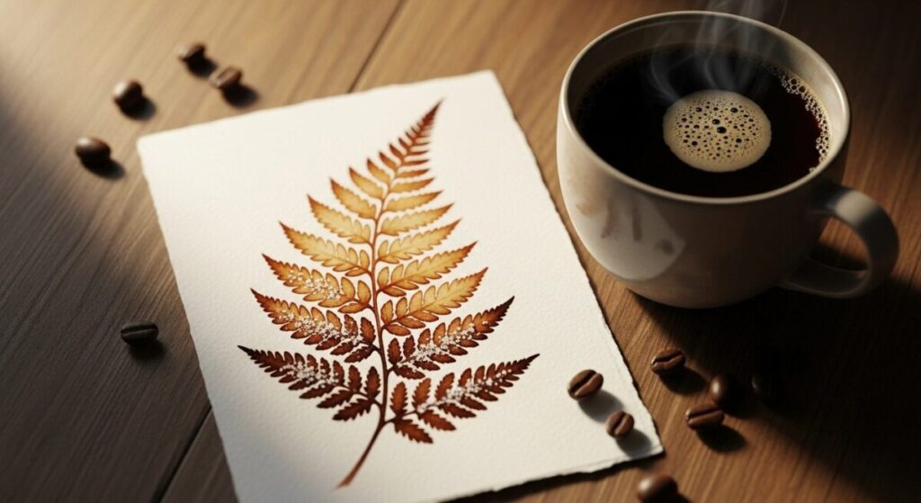 A beautiful, finished coffee painting of a detailed maple leaf, showcasing a range of brown tones, delicate details, and interesting textures.