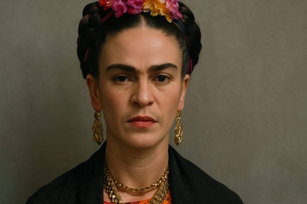 More Than a Muse: How Frida Kahlo Became a Feminist Icon 3 A close-up portrait of Frida Kahlo feminist icon, with her signature unibrow, braided hair with flowers, and a direct, confident gaze.