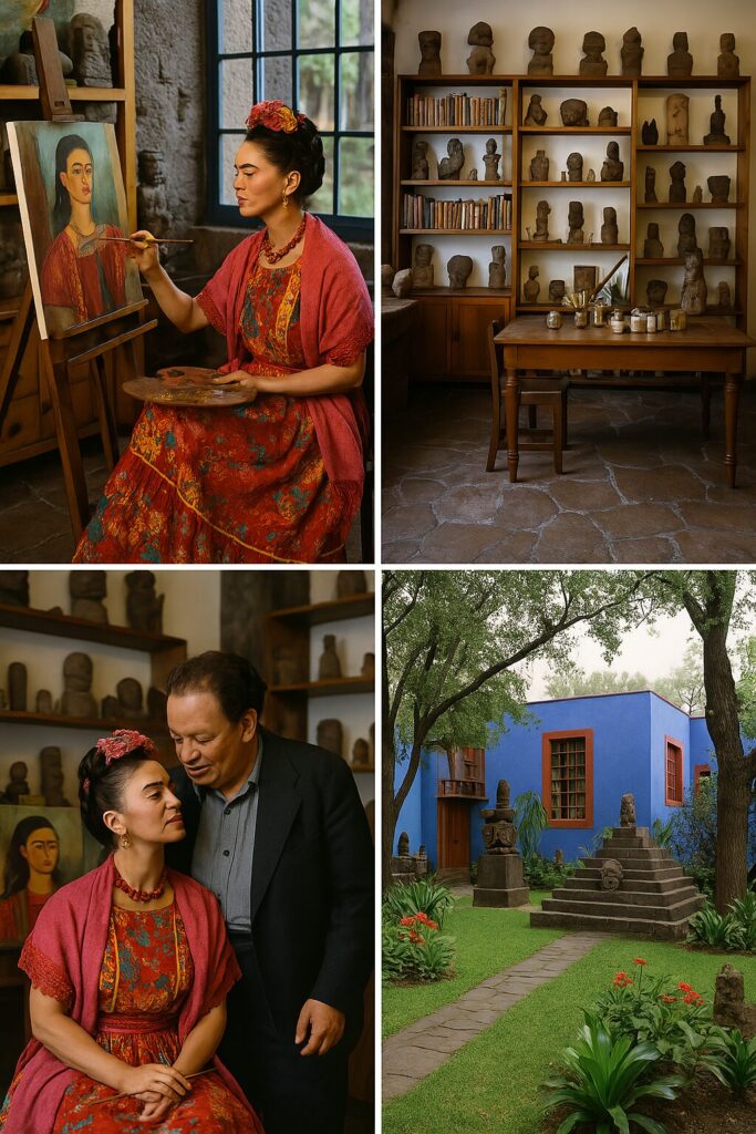 More Than a Muse: How Frida Kahlo Became a Feminist Icon 5 Frida Kahlo painting in her vibrant studio at the Casa Azul, surrounded by her books and folk art, a testament to her creative spirit.