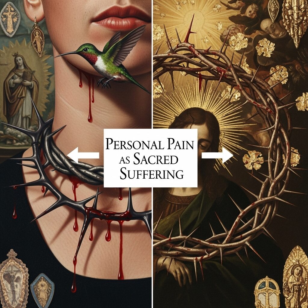 Decoding Frida Kahlo Symbols: 5 Visual Meanings You Can't Ignore in Her Art 6 Frida Kahlo thorn necklace Christian martyrdom crown thorns pain suffering symbolism religious imagery