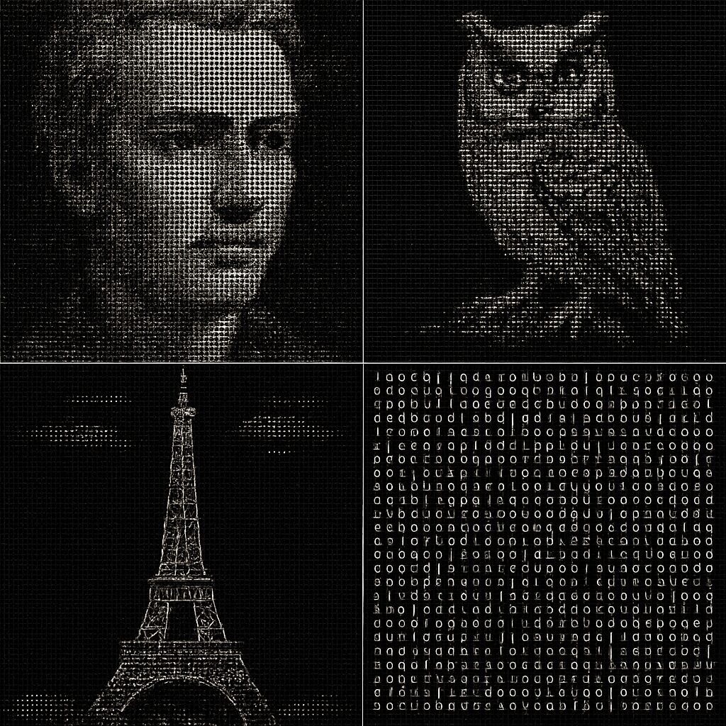 A gallery showcasing four diverse and high-quality examples of ASCII art, including a portrait, animal, and landmark