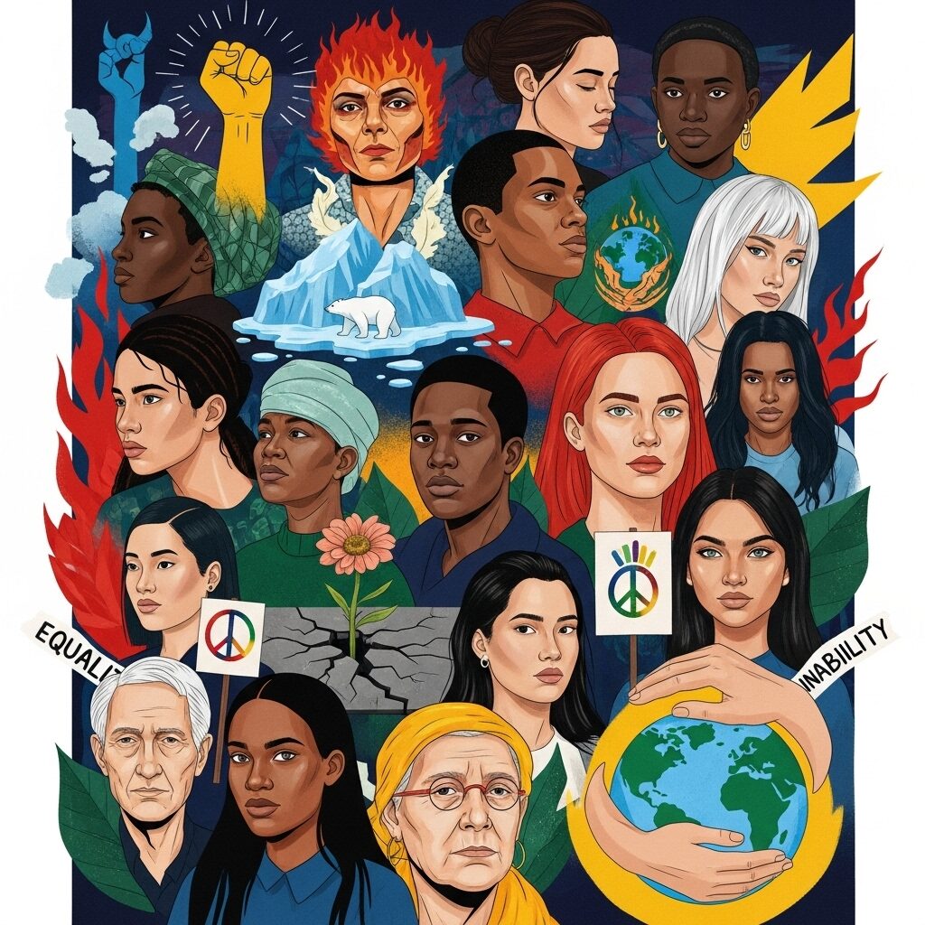 A powerful and thought-provoking artwork depicting a collage of diverse faces from different backgrounds