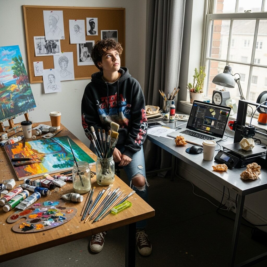 A dynamic, slightly cluttered artist's studio space showcasing a Gen Z artist