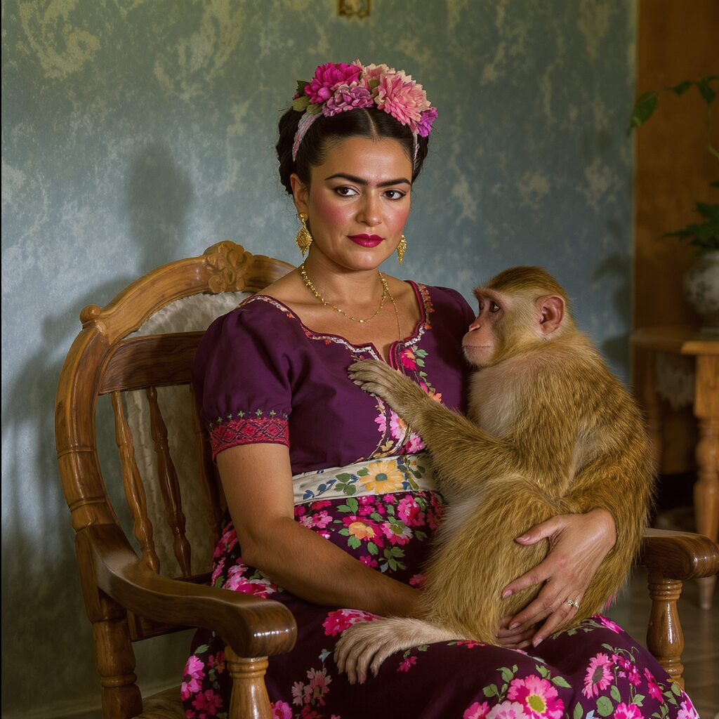 Unveiling a Hidden Muse: Famous Artists' Pets 4 A close-up, black and white photograph of artist Frida Kahlo with her spider monkey, Fulang Chang, perched on her shoulder.