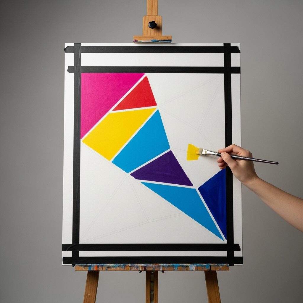 Geometric abstract painting in progress showing painter's tape creating clean lines and bold color blocks
