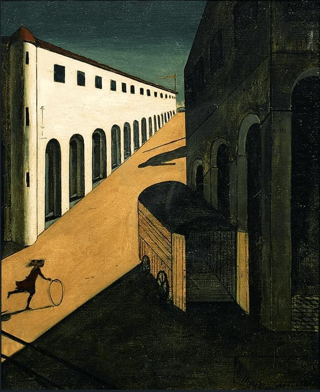 A Gallery of Iconic Surrealist Paintings: Masterpieces That Redefined Art 6 Giorgio de Chirico's The Mystery and Melancholy of a Street showing empty plaza with long shadows and small girl figure