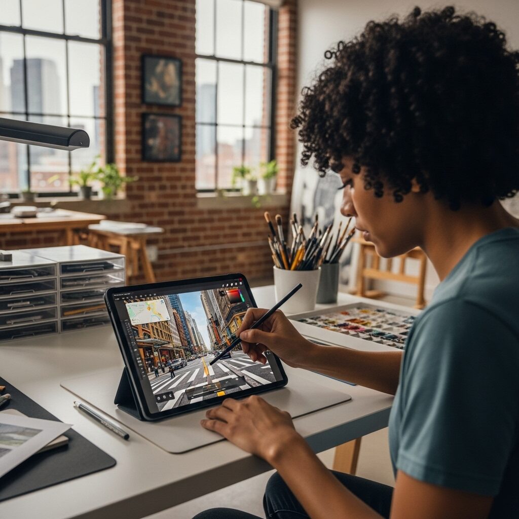 From Navigation to Canvas: Discovering the World of Google Maps Art 3 Google Maps Art: Artist using Google Maps Street View on tablet to create digital art in modern studio