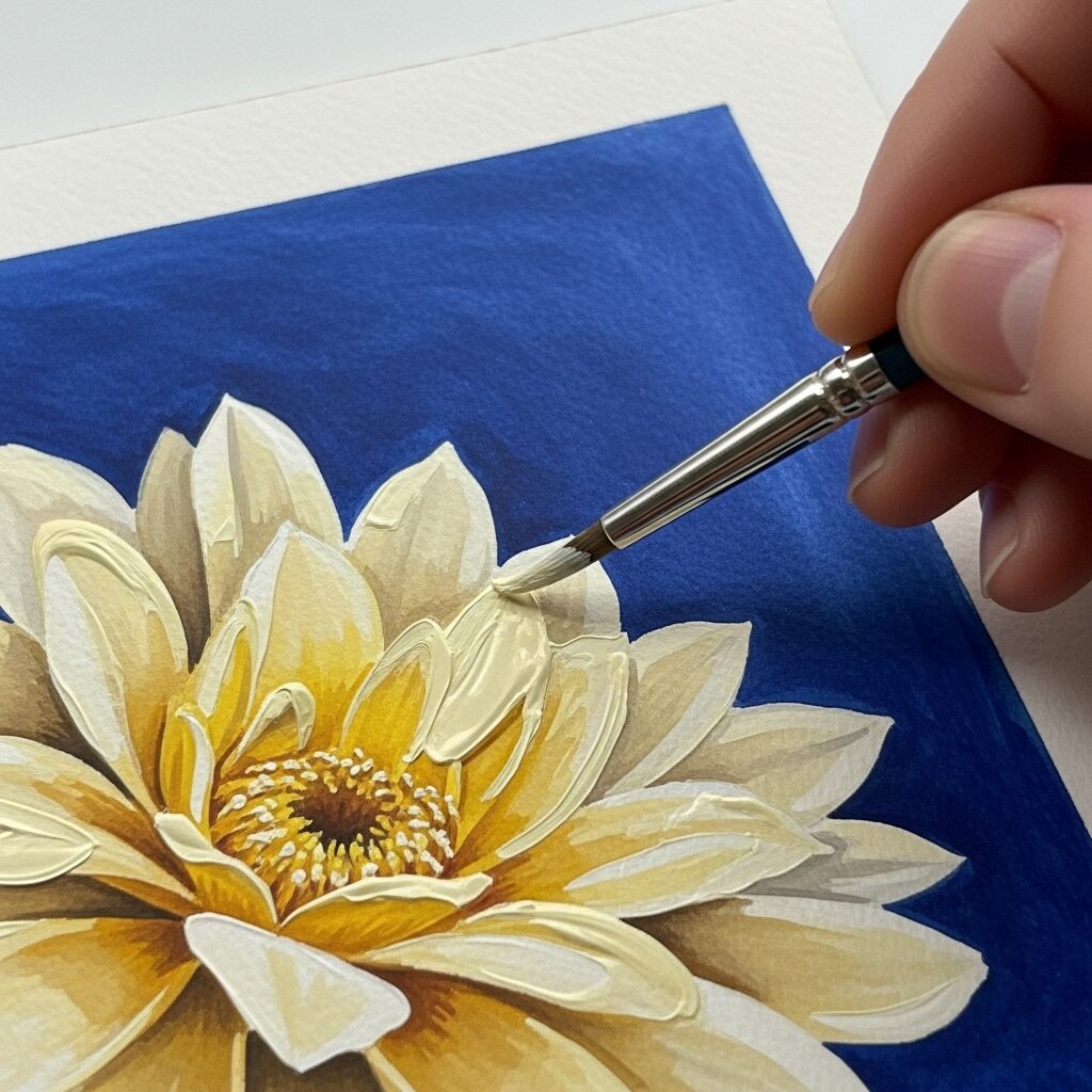 What is Gouache: A Beginner's Guide to Opaque Watercolors 4 An artist demonstrating the opacity of gouache by painting a light color over a dark background, a key feature in understanding what is gouache