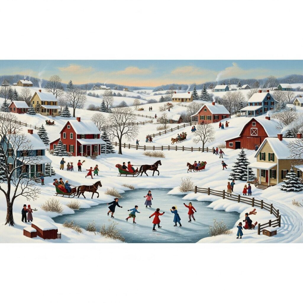 What is Naive Art? A Journey into the Heart of Untrained Brilliance 4 A charming Naive Art painting by Grandma Moses of a snowy American village with people enjoying winter activities