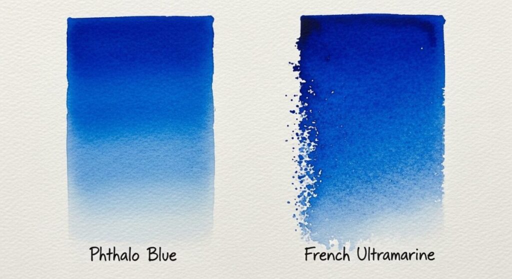 The Magic of Texture: A Deep Dive into Watercolor Granulation Techniques 4 A comparison of a smooth Phthalo Blue watercolor swatch next to a textured, granulating French Ultramarine swatch