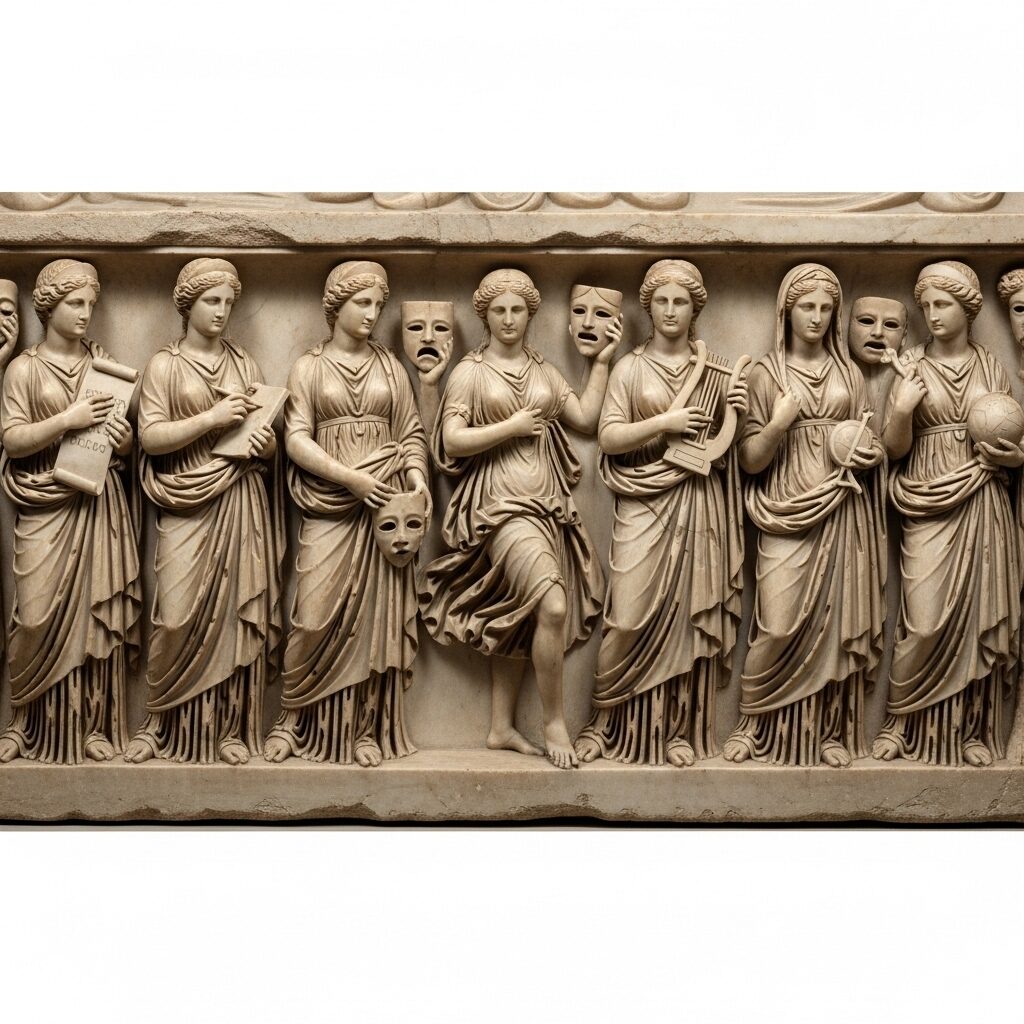 What is an Artist's Muse? The Secret Spark Behind the Masterpiece 4 A classical marble relief depicting the nine Muses of Greek mythology with their traditional instruments and symbols.