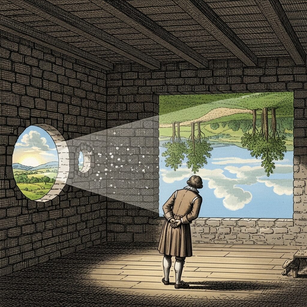 Camera Obscura in Art: The Secret Weapon Behind History's Greatest Masterpieces 3 An illustration of a historical camera obscura setup, showing a dark room with a small hole in one wall, through which light passes to project an inverted image of a landscape onto the opposite interior wall. A person is inside observing the projected image.