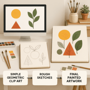 Step-by-step transformation process showing how clip art inspiration becomes original artwork