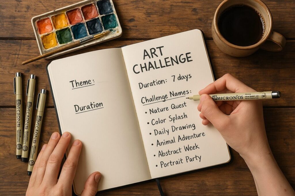 Unleash Your Creativity: A Step-by-Step Guide to Creating and Running Your Own Art Challenge 3 Guide to Creating and Running Your Own Art Challenge: An artist's hands planning a new art challenge in a sketchbook with pens and a watercolor palette on a wooden desk