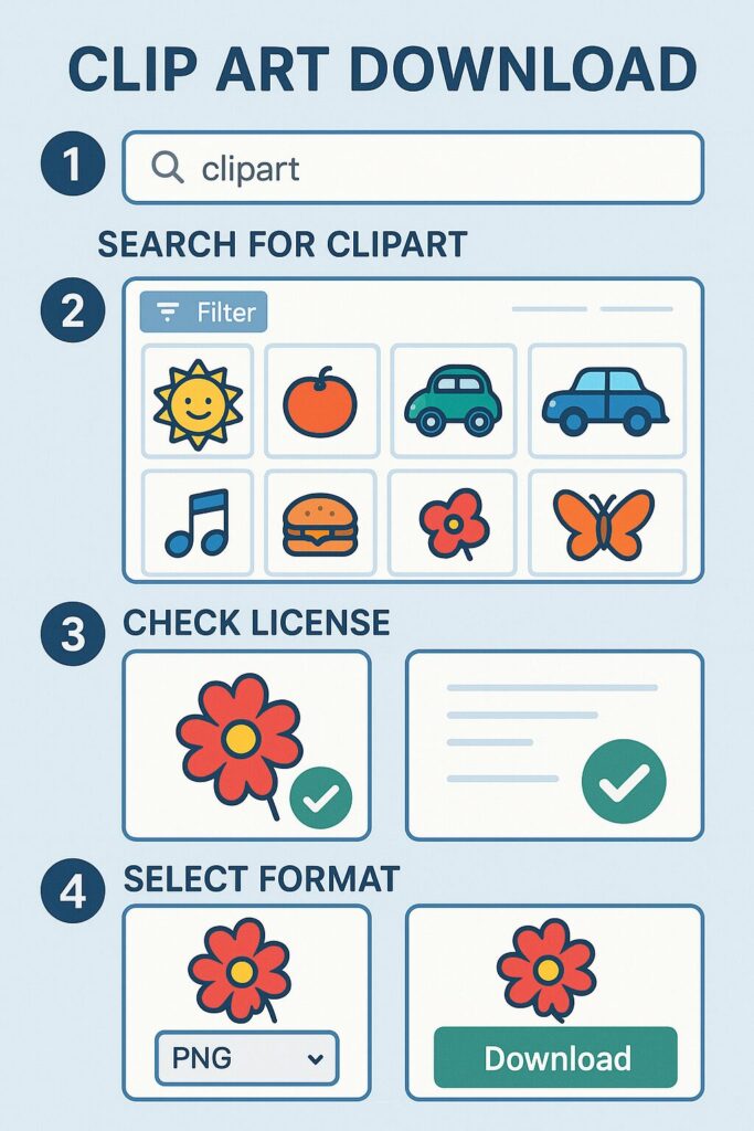 Step-by-step guide showing how to download free clip art from websites with search and filter options