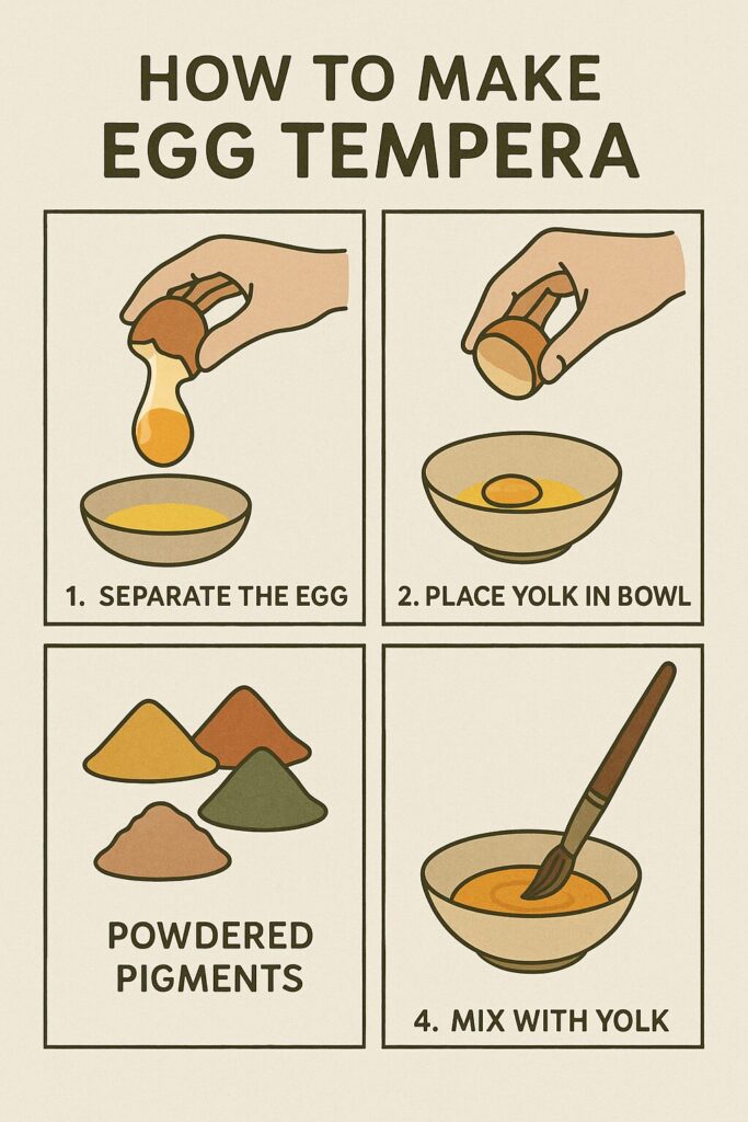 What Is Tempera Paint? A Secrets Guide for Beginners and Kids 5 An infographic showing the simple steps to make traditional egg tempera paint from an egg yolk and powdered pigments.