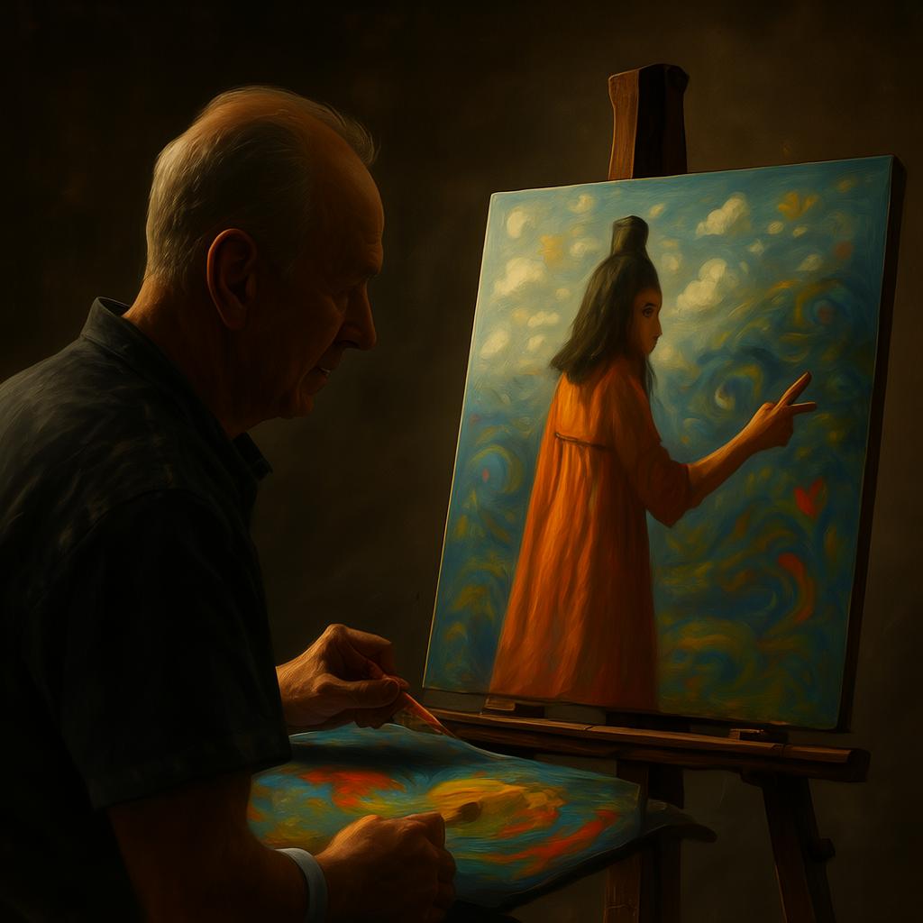 What is a Tronie Painting? Unveiling the Expressive ‘Head’ of Art History 6 An artist painting a modern tronje, using a single light source to create dramatic shadows and focusing on the model's expression