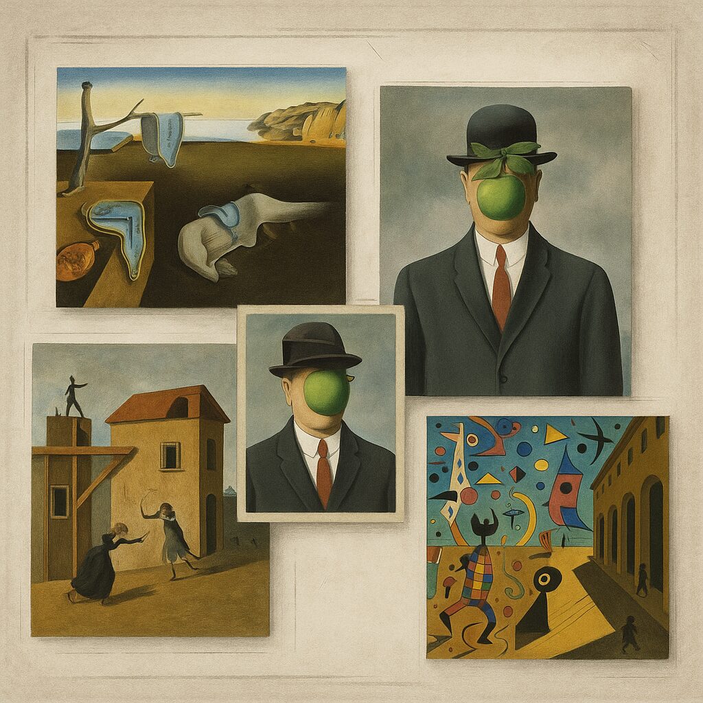 A Gallery of Iconic Surrealist Paintings: Masterpieces That Redefined Art 3 Collage of five iconic surrealist paintings including Dali's melting clocks, Magritte's apple face, and Miro's colorful carnival
