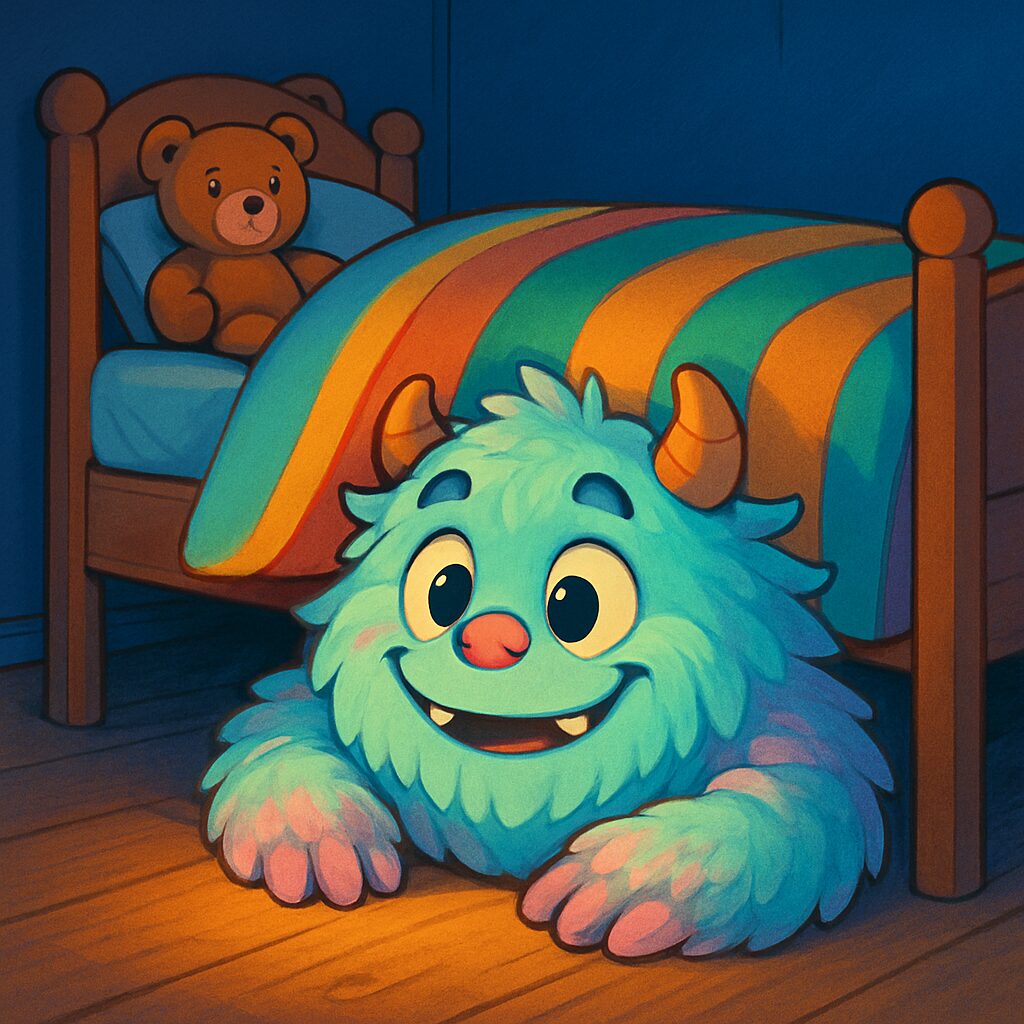 Unlock Your Inner Artist: A Guide to Daily Drawing Prompts 4 A whimsical, friendly monster with large eyes and soft fur peeking out from under a child's bed, drawn in a colorful, cartoonish style.